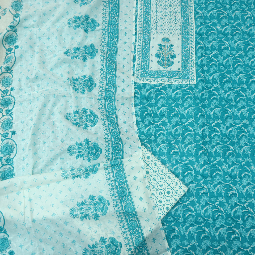 Sobiya Teal Blue Floral Printed with Patra Work Cotton Suti Set