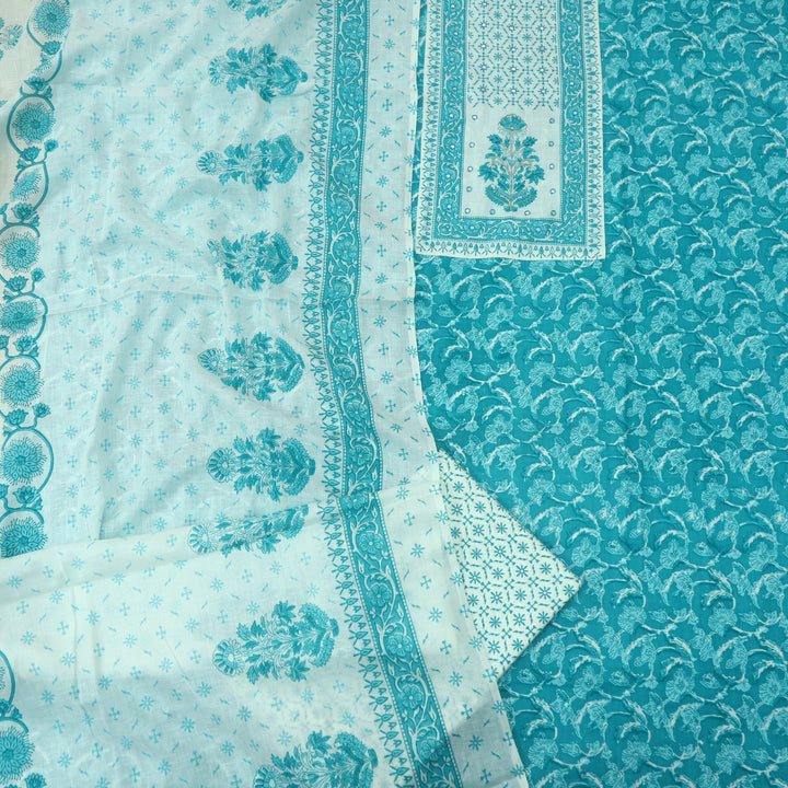 Sobiya Teal Blue Floral Printed with Patra Work Cotton Suti Set