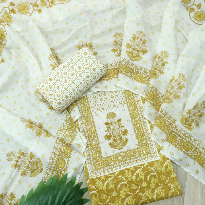 Sobiya Dijon Yellow Floral Printed with Patra Work Cotton Suti Set