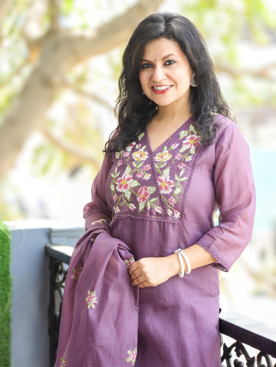 Hayat Jamuni Purple Cross-Stitch Work Yoke Kota Doriya 3 Piece Set