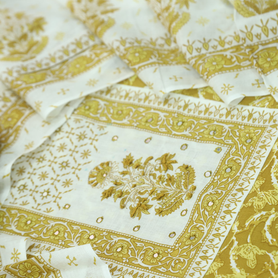 Sobiya Dijon Yellow Floral Printed with Patra Work Cotton Suti Set