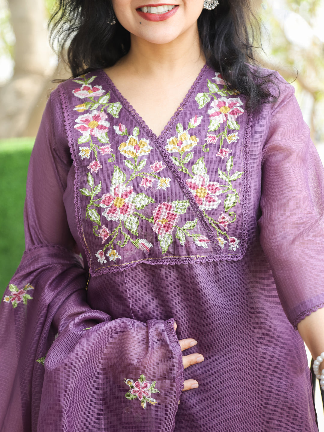 Hayat Jamuni Purple Cross-Stitch Work Yoke Kota Doriya 3 Piece Set