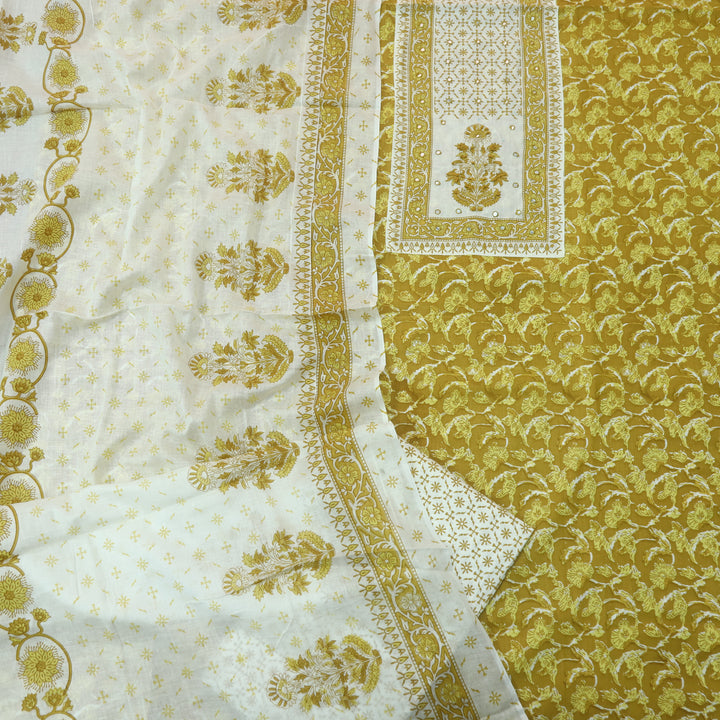 Sobiya Dijon Yellow Floral Printed with Patra Work Cotton Suti Set