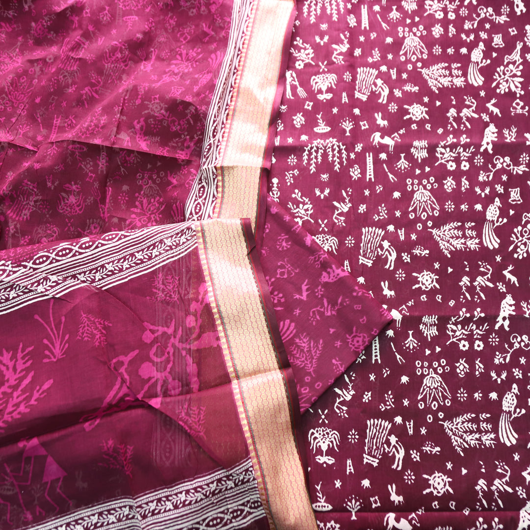 Anaya Berry Purple Warli Printed in Mangalgiri Hem Work Cotton Set D3