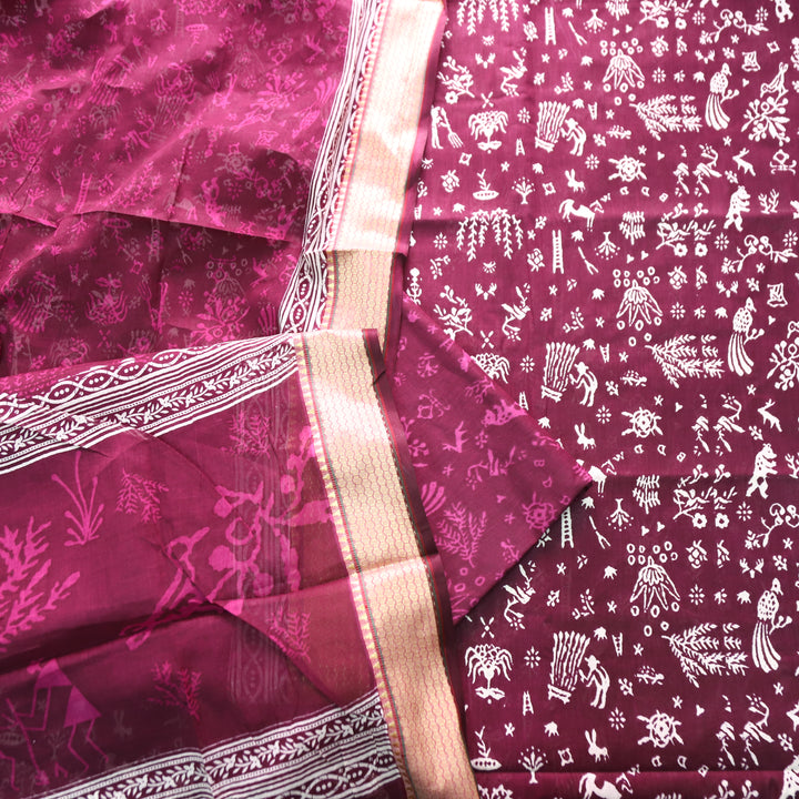 Anaya Berry Purple Warli Printed in Mangalgiri Hem Work Cotton Set D3