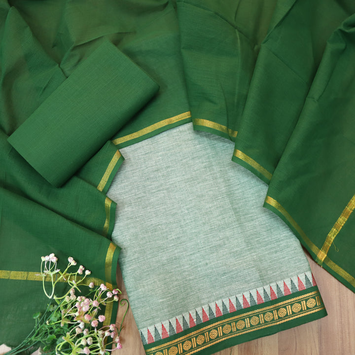 Subhranti Grasshopper Green with Temple Hem South Cotton Suit Set