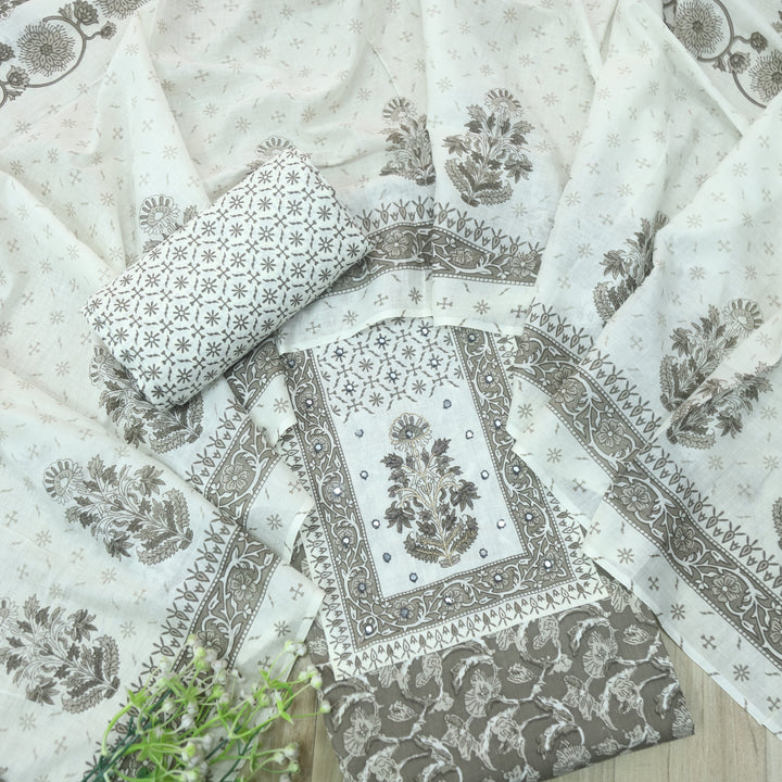 Sobiya Latte Grey Floral Printed with Patra Work Cotton Suti Set