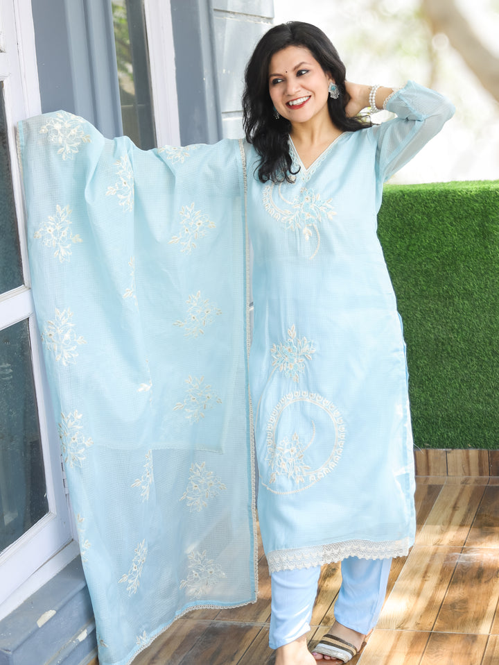 Roshni Powder Blue V Neck Kardana Work Kota Doriya 3 Piece Set