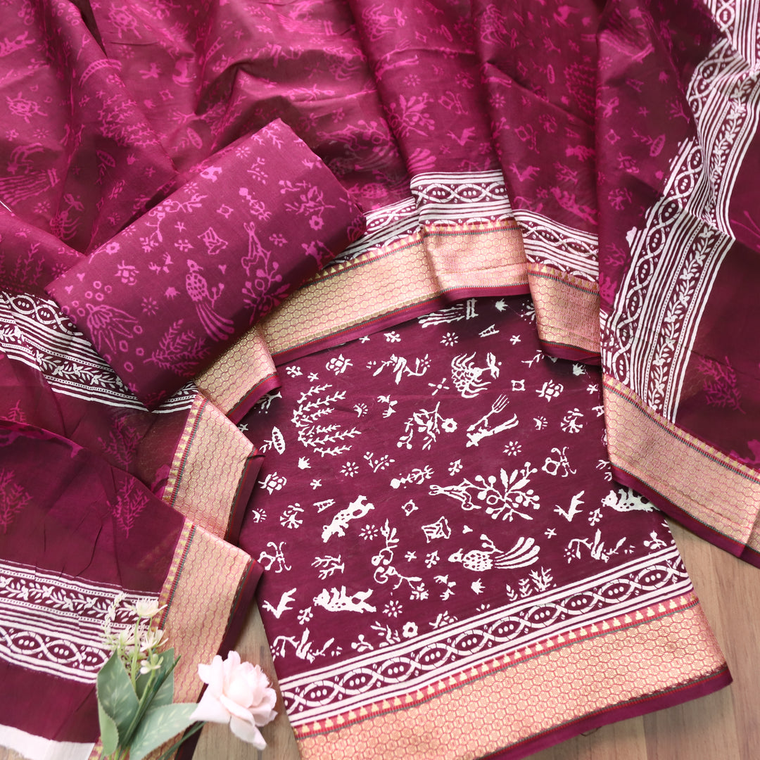 Anaya Berry Purple Warli Printed in Mangalgiri Hem Work Cotton Set D3