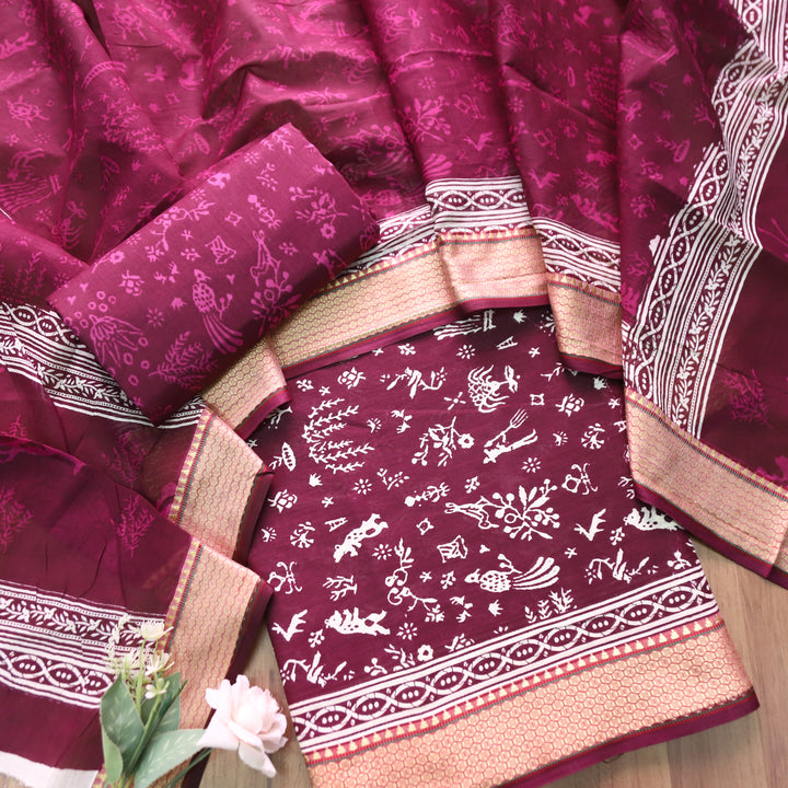 Anaya Berry Purple Warli Printed in Mangalgiri Hem Work Cotton Set D3
