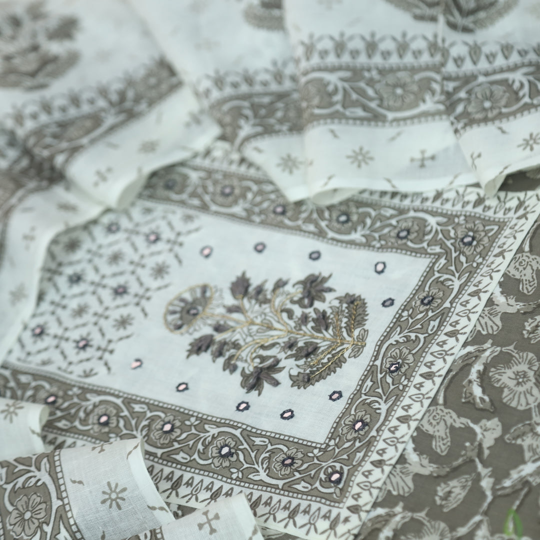 Sobiya Latte Grey Floral Printed with Patra Work Cotton Suti Set