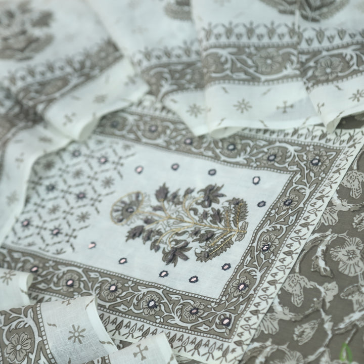 Sobiya Latte Grey Floral Printed with Patra Work Cotton Suti Set