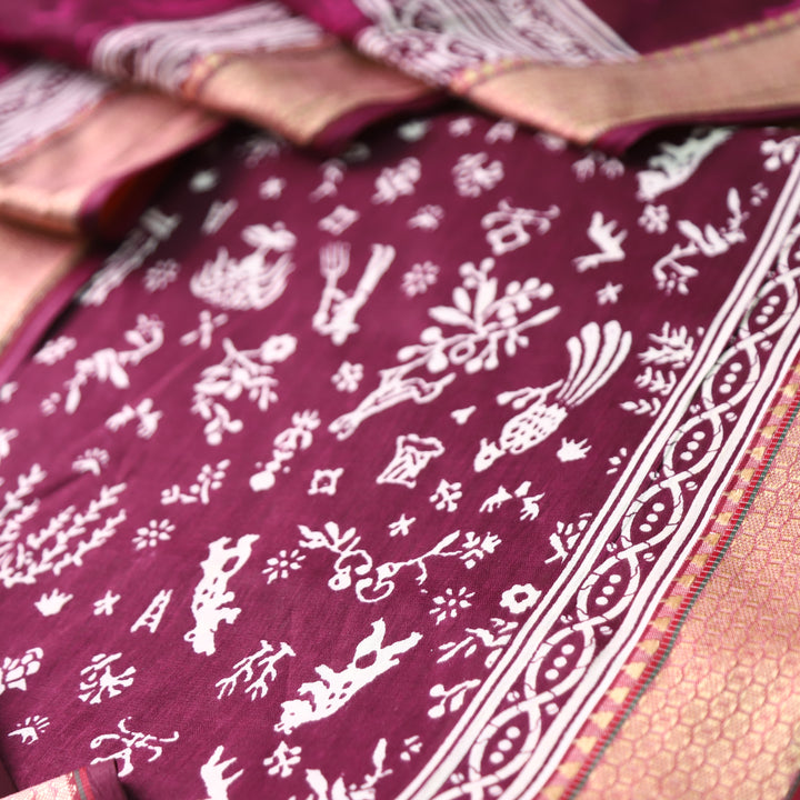 Anaya Berry Purple Warli Printed in Mangalgiri Hem Work Cotton Set D3