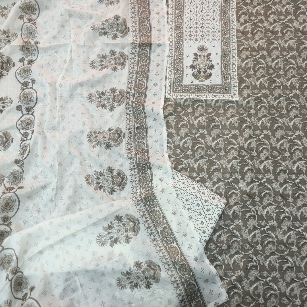 Sobiya Latte Grey Floral Printed with Patra Work Cotton Suti Set
