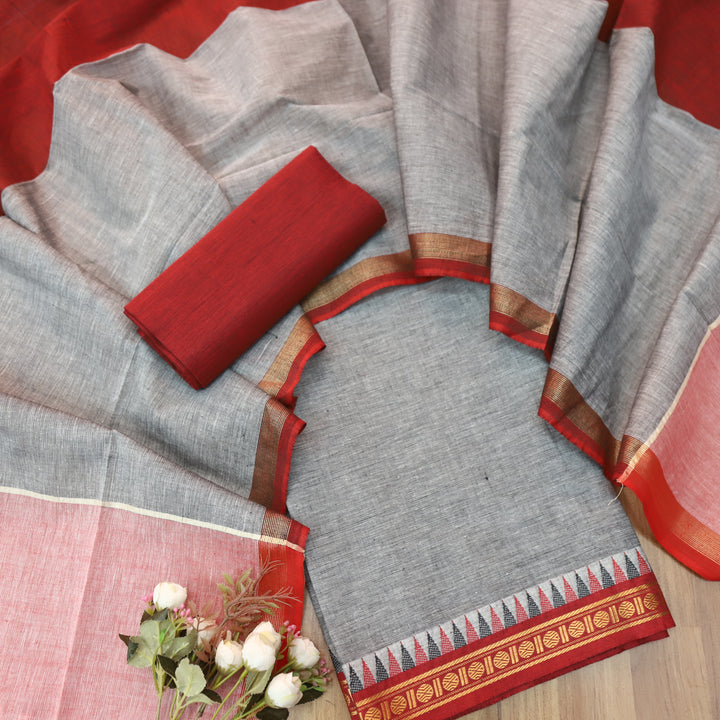 Subhranti Slate Grey with Temple Hem South Cotton Suit Set