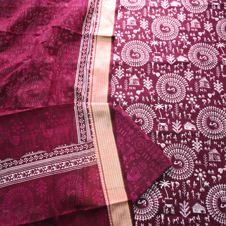 Anaya Berry Purple Warli Printed in Mangalgiri Hem Work Cotton Set D4