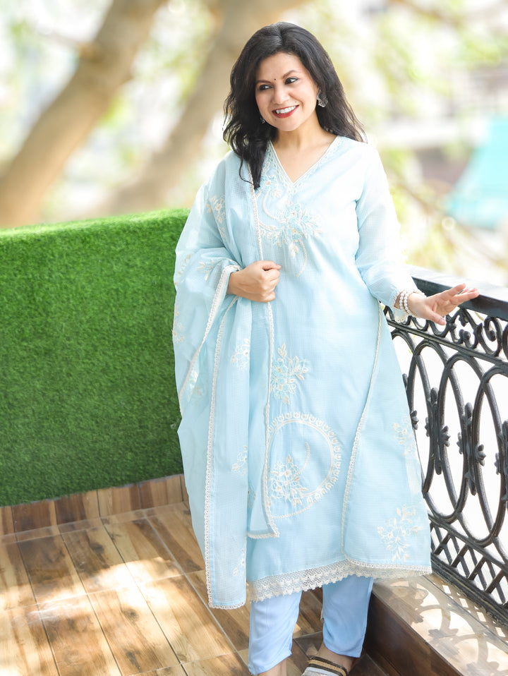 Roshni Powder Blue V Neck Kardana Work Kota Doriya 3 Piece Set