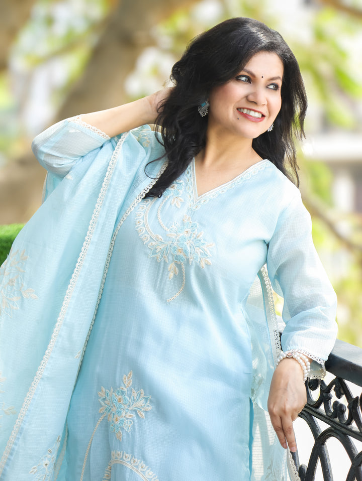 Roshni Powder Blue V Neck Kardana Work Kota Doriya 3 Piece Set