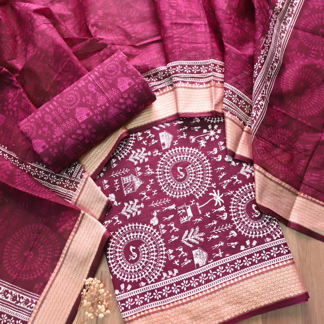 Anaya Berry Purple Warli Printed in Mangalgiri Hem Work Cotton Set D4