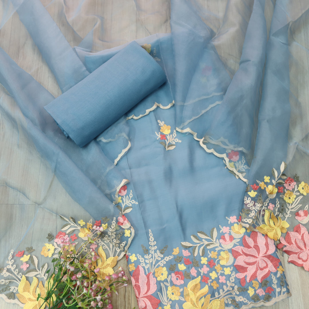 Rivva Sapphire Blue with Kashida Embriodered Hem Modal Suit Set
