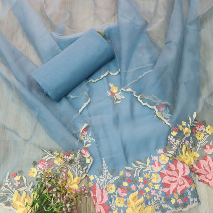Rivva Sapphire Blue with Kashida Embriodered Hem Modal Suit Set