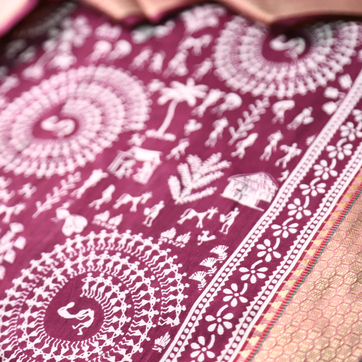 Anaya Berry Purple Warli Printed in Mangalgiri Hem Work Cotton Set D4