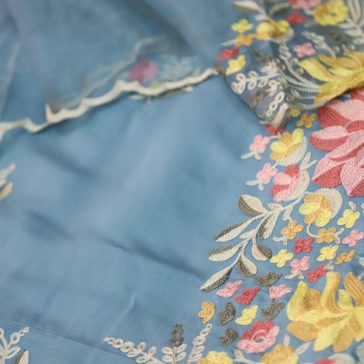 Rivva Sapphire Blue with Kashida Embriodered Hem Modal Suit Set