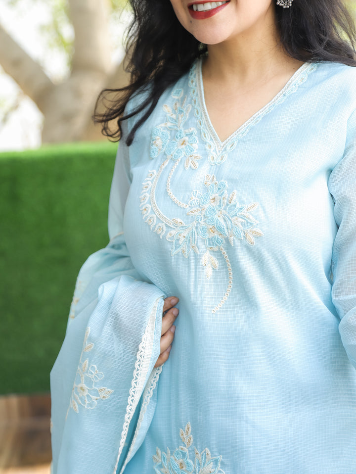 Roshni Powder Blue V Neck Kardana Work Kota Doriya 3 Piece Set