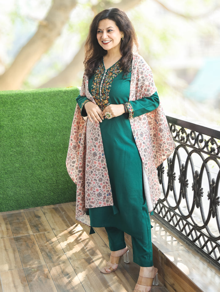Darshani Green  Embroidered Semi Pashmina Winter 2 Piece with Kanni Print Cape