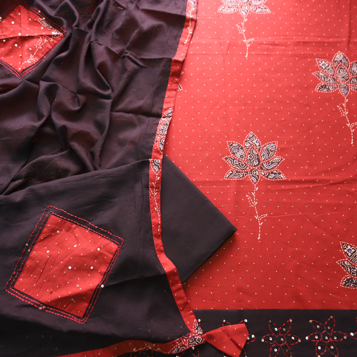 Saloni Bride Red Ajrak Floral Print with Thread Hem Cotton Set