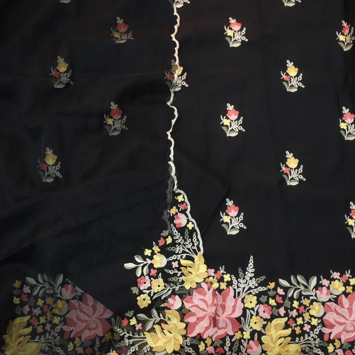 Rivva Raven Black with Kashida Embroidered Hem Modal Suit Set