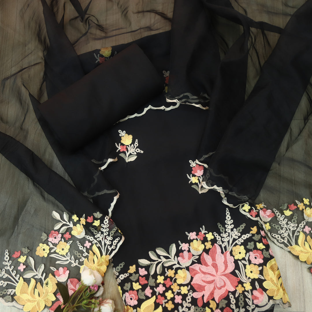 Rivva Raven Black with Kashida Embroidered Hem Modal Suit Set