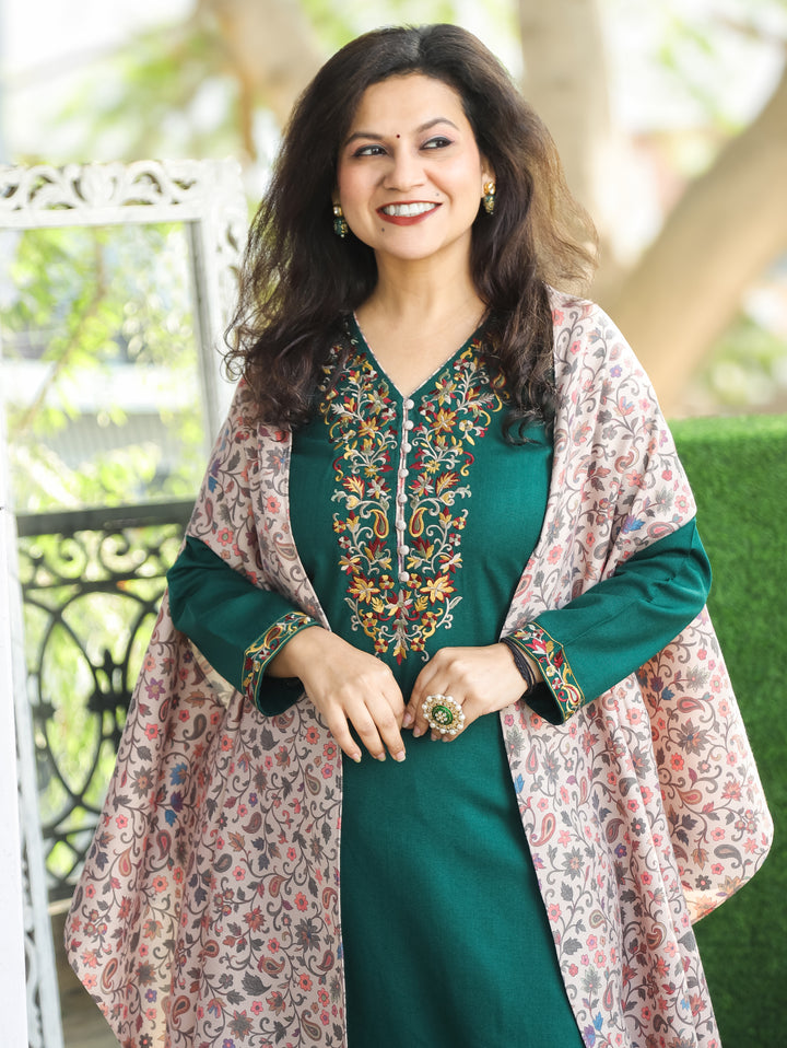 Darshani Green  Embroidered Semi Pashmina Winter 2 Piece with Kanni Print Cape