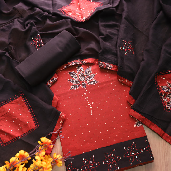 Saloni Bride Red Ajrak Floral Print with Thread Hem Cotton Set