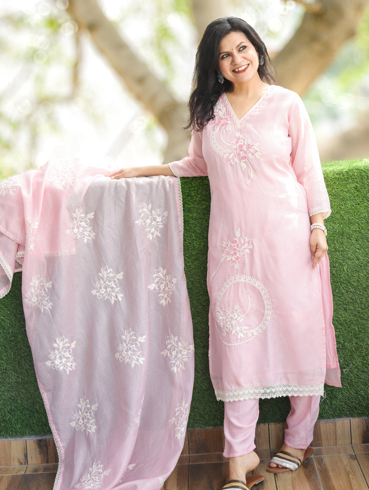 Roshni Baby Pink V Neck Kardana Work Kota Doriya 3 Piece Set