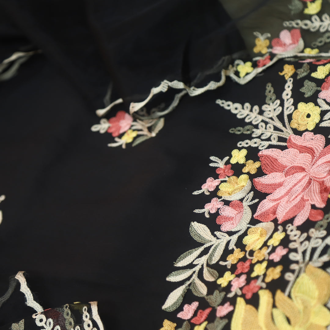 Rivva Raven Black with Kashida Embroidered Hem Modal Suit Set