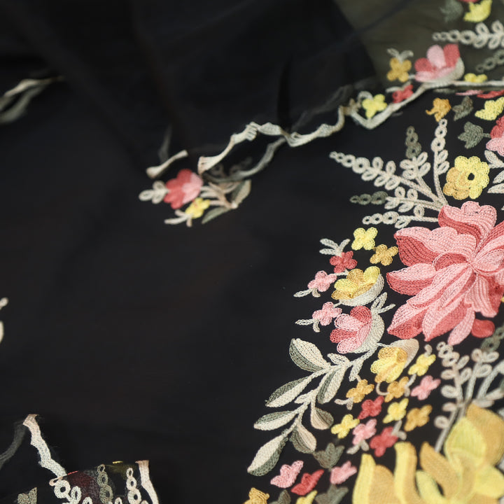 Rivva Raven Black with Kashida Embroidered Hem Modal Suit Set