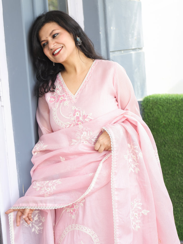 Roshni Baby Pink V Neck Kardana Work Kota Doriya 3 Piece Set