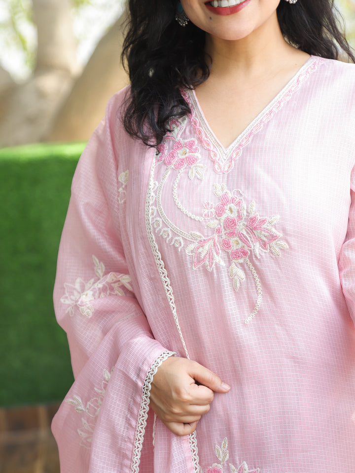 Roshni Baby Pink V Neck Kardana Work Kota Doriya 3 Piece Set
