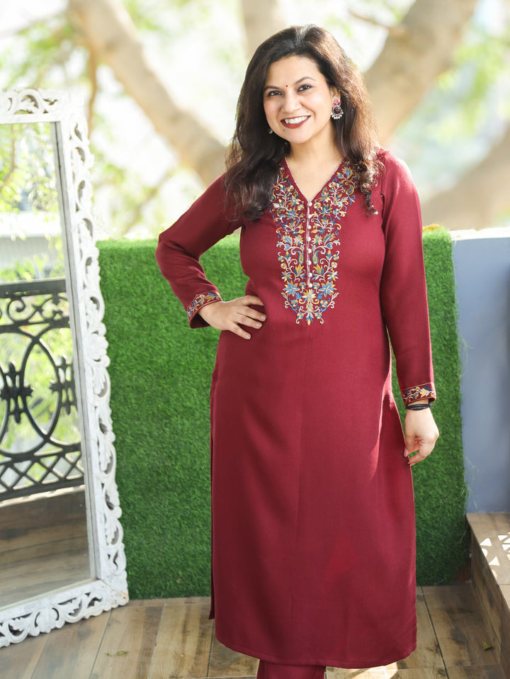 Vanaya Maroon Red Embroidered with Potli Button Semi Pashmina Winter Kurti