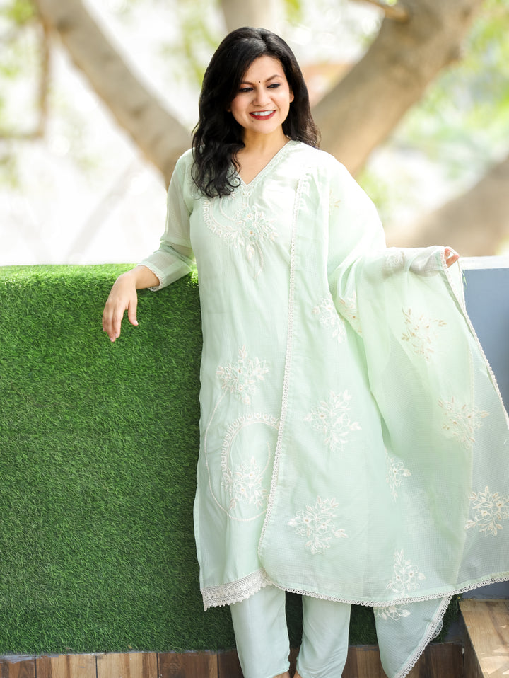 Roshni Mint Green V Neck Kardana Work Kota Doriya 3 Piece Set