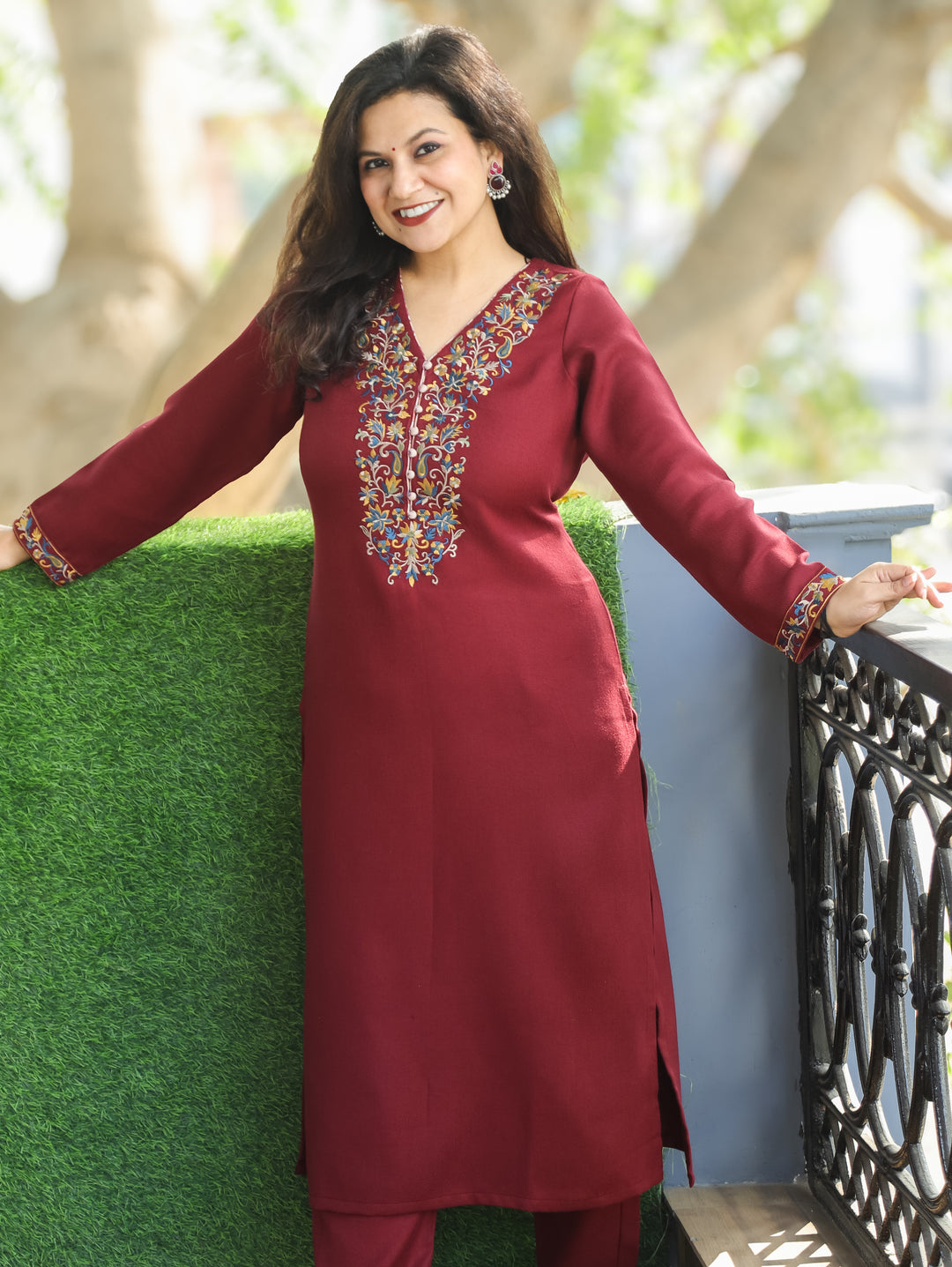 Vanaya Maroon Red Embroidered with Potli Button Semi Pashmina Winter Kurti