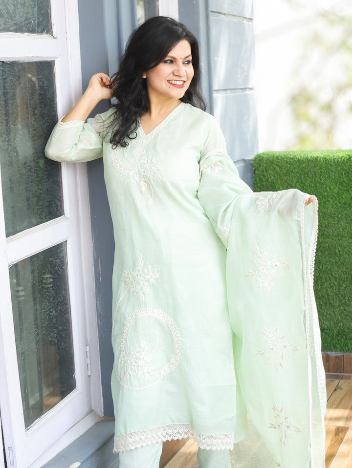 Roshni Mint Green V Neck Kardana Work Kota Doriya 3 Piece Set