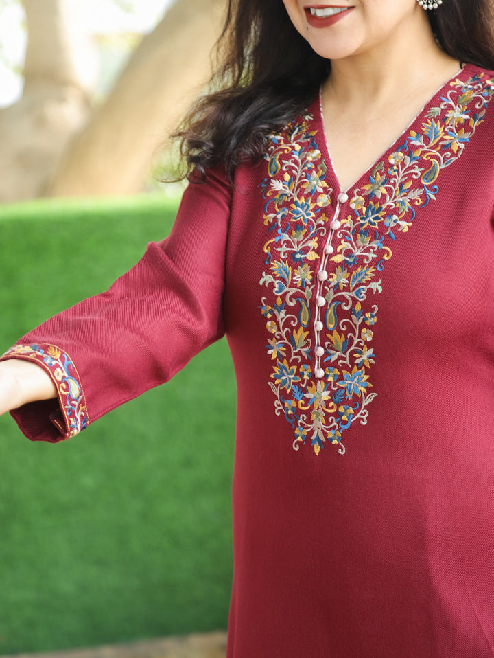 Vanaya Maroon Red Embroidered with Potli Button Semi Pashmina Winter Kurti