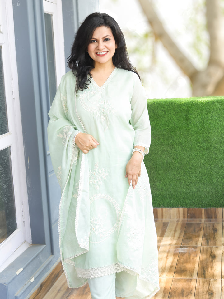 Roshni Mint Green V Neck Kardana Work Kota Doriya 3 Piece Set