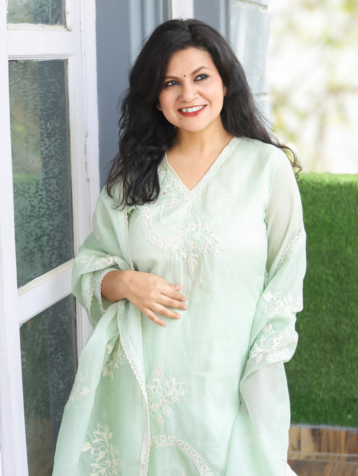 Roshni Mint Green V Neck Kardana Work Kota Doriya 3 Piece Set