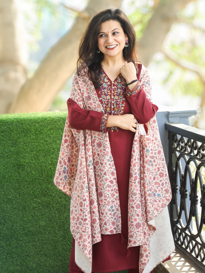 Darshani Maroon Embroidered Semi Pashmina Winter 2 Piece with Kanni Print Cape
