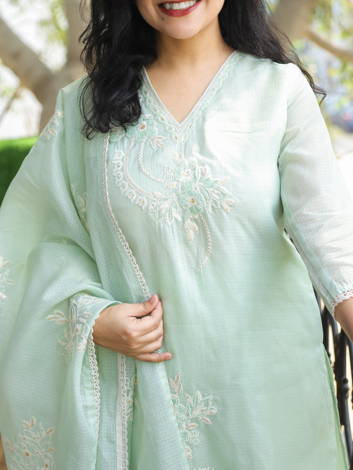 Roshni Mint Green V Neck Kardana Work Kota Doriya 3 Piece Set