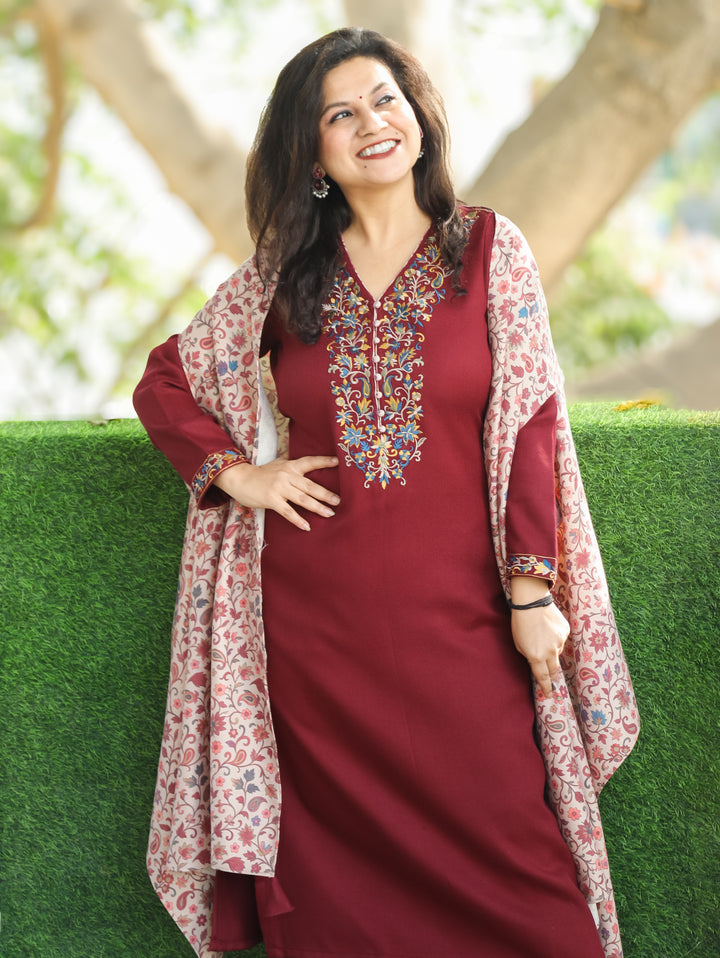 Darshani Maroon Embroidered Semi Pashmina Winter 2 Piece with Kanni Print Cape