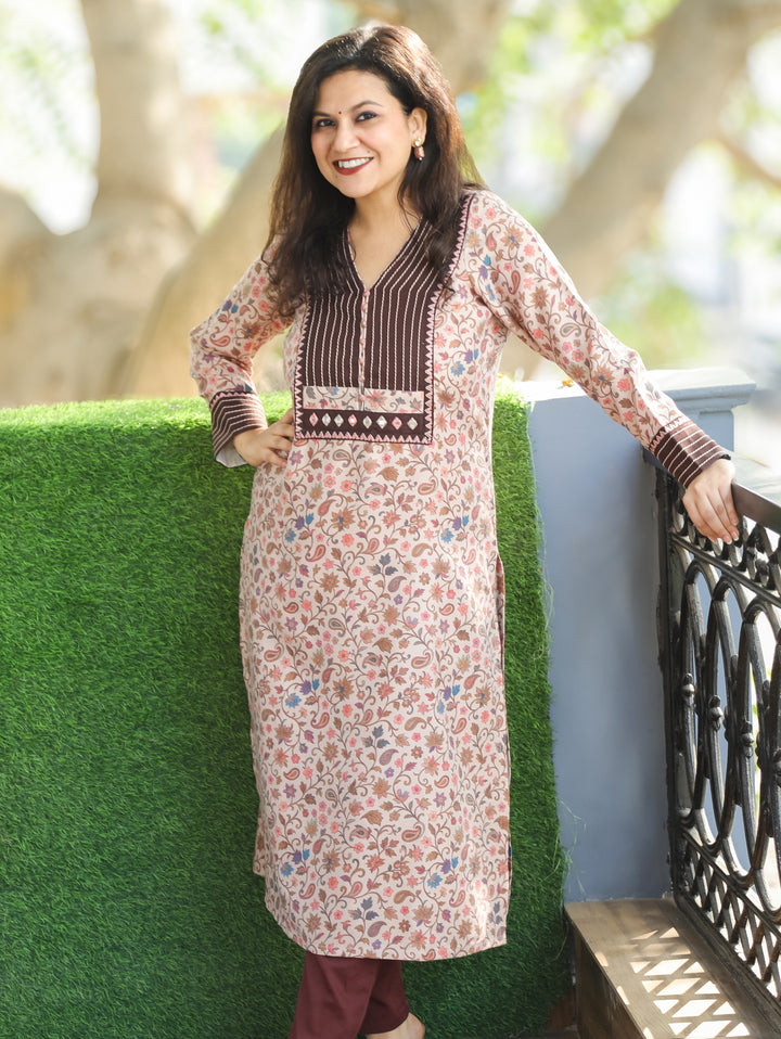 Aarushi Beige with Brown Kanni Print Running Stitch Yoke Semi Pashmina Winter Kurti